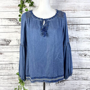 Southern Tide Blouse Tunic size Small Denim Jean Tencel Peasant Boho Tassels
